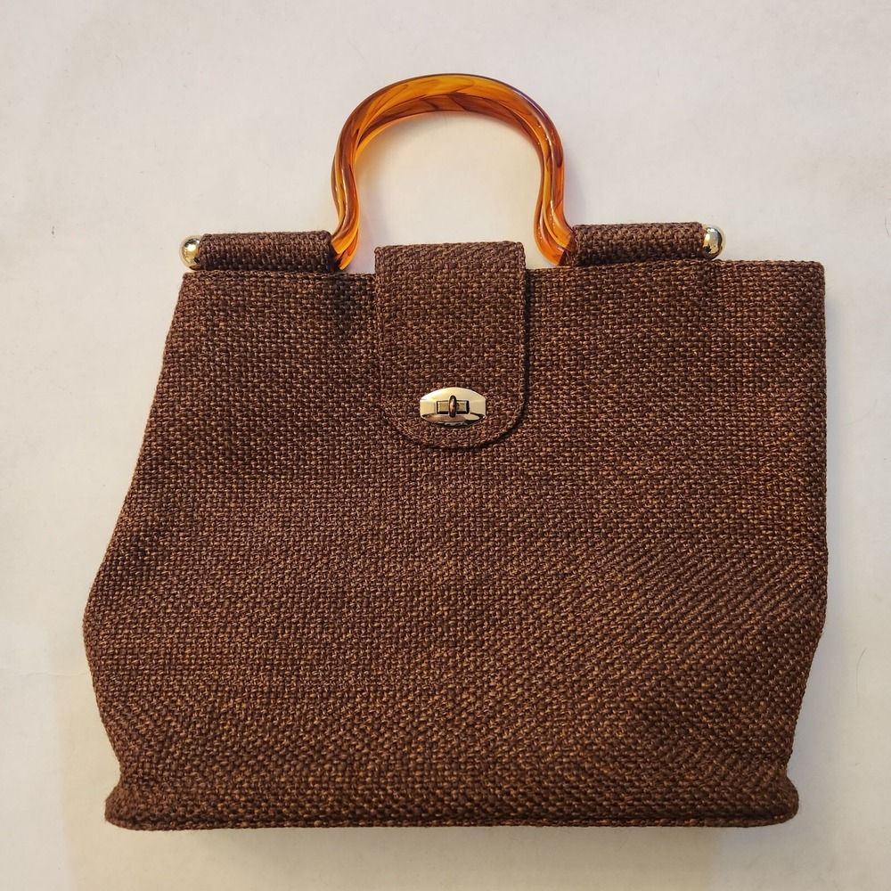 Vintage Julius Resnick Woven Burlap‎ Tortoise Lucite Handle Twist Lock